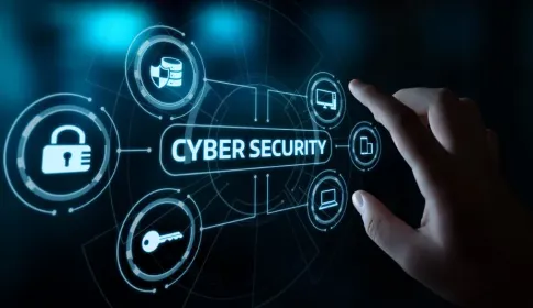 Cybersecurity graphic with a hand pushing buttons