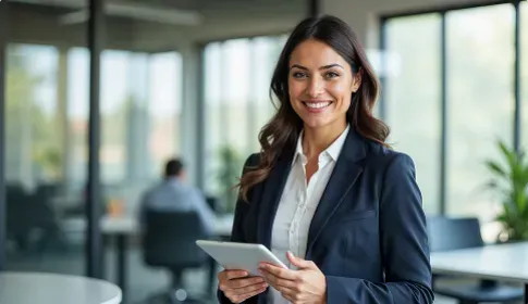 A professional businesswoman smiling confidently while holding a tablet