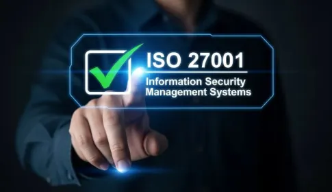 A person hand with ISO 27001 and a check mark