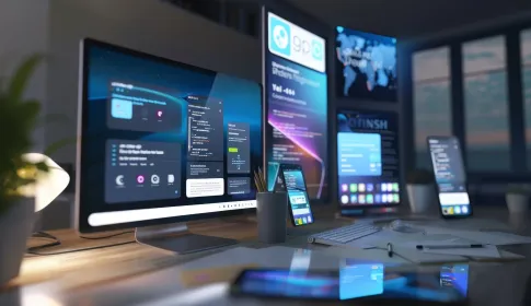 Enterprise IT workstation with multiple monitors displaying dashboards, alongside smartphones and tablets in an office.