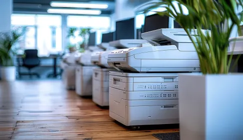 Row of white multifunction office printers on hardwood floor in a modern open office with plants and workstations.