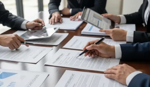 Business professionals reviewing procurement contracts and performance charts during a federal IT services meeting.