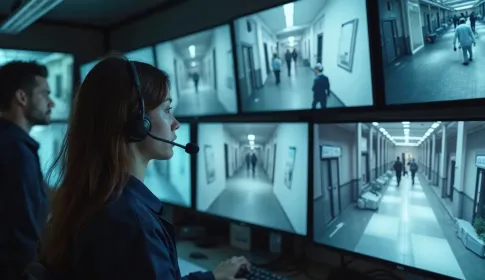Two security personnel monitor multiple CCTV screens showing facility hallways in a dimly lit operations control room.