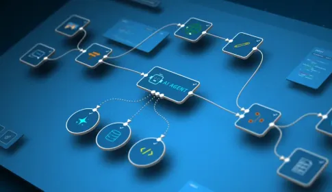 AI agent workflow diagram showing connected nodes for automation; data; and code tools on a blue digital interface.