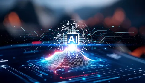 Glowing AI microchip with circuit board pathways and digital wave; representing artificial intelligence processing power.