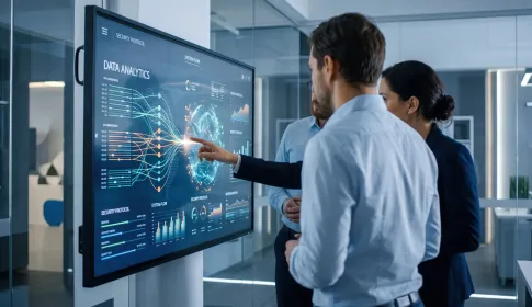 Colleagues review a data analytics and security protocol dashboard on a large interactive touchscreen in a modern office.