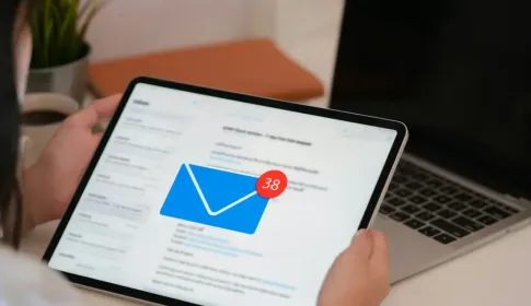 Professional reviewing an email inbox with 38 unread messages on a tablet; with a laptop in the background.