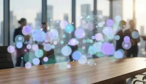 Business professionals in a modern conference room with holographic global network and data analytics overlays