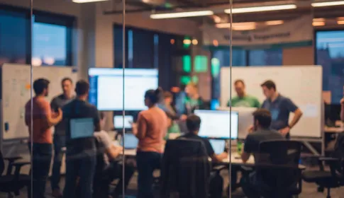 IT professionals collaborating in a modern office, working at computers and whiteboards during a team strategy session.