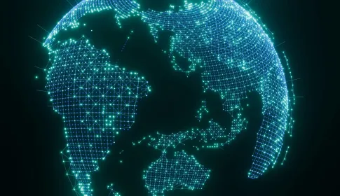 Glowing digital globe with interconnected network nodes representing global IT infrastructure and data connectivity.