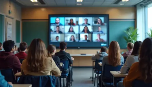 Students in a classroom attend a hybrid video conference session displayed on a large screen showing remote participants.