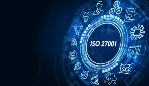Glowing digital ring displaying ISO 27001 surrounded by cybersecurity and IT management icons on a dark blue background.