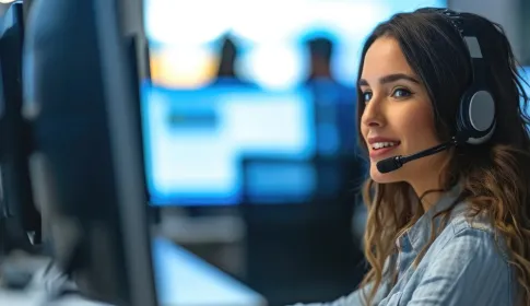 IT support specialist wearing a headset smiles while working at a multi-monitor workstation in a modern operations center.