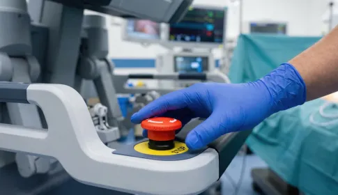 Gloved hand pressing red emergency stop button on robotic surgical system in an operating room.