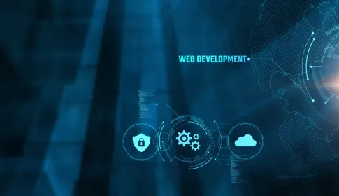 Futuristic web development interface with security; cloud; and gear icons on a dark blue digital background.