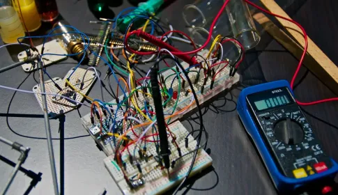 A breadboard prototype crowded with tangled colored jumper wires, with a multimeter beside it.