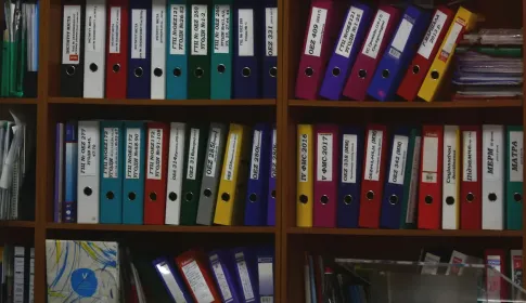 Wooden shelves holding rows of colored ring binders, each with a written spine label.
