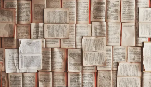 Dozens of open book pages laid edge to edge, filling the frame with printed text.