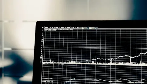 A computer monitor displaying a fine-grained time-series line chart on a dark background.