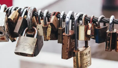 A row of weathered brass and steel padlocks fastened side by side along a metal rail.