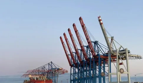 A row of red container cranes standing along a port quay at dusk.