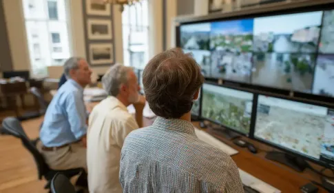 Local government officials monitor flood imagery and mapping data on large display screens in an operations room.