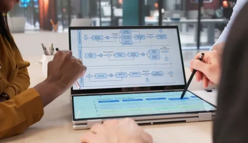 Two professionals review a multi-lane organizational workflow diagram on a dual-screen laptop; with a customer journey map on the lower display.