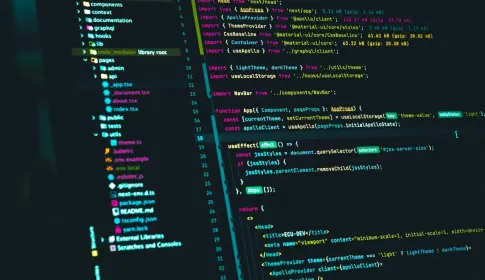 A code editor displaying a project file tree alongside source code and dependency files.
