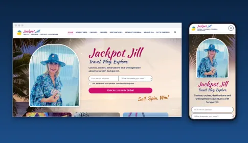 Jackpot Jill website homepage shown in a desktop browser and on a mobile phone
