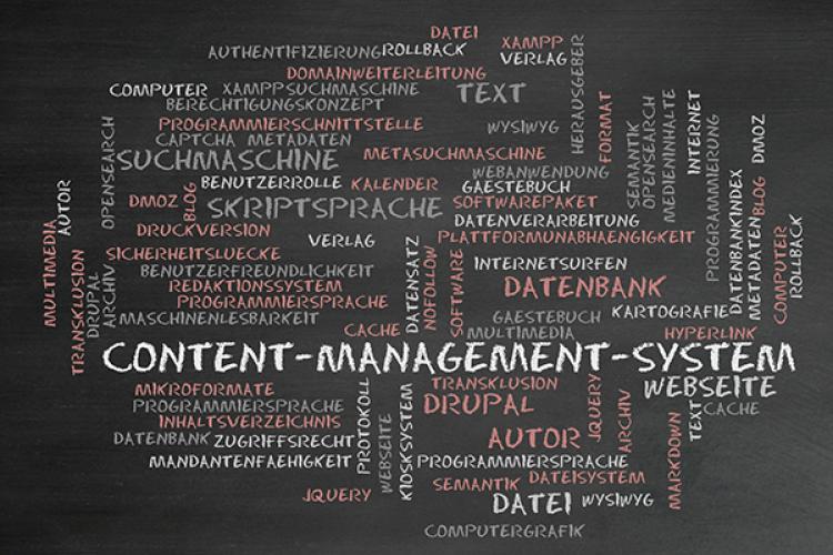 Content management system and Drupal words on a blackboard