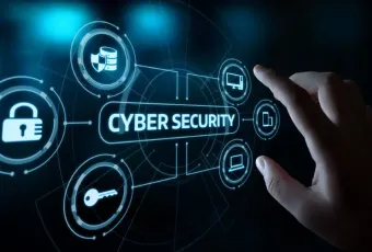 Cybersecurity graphic with a hand pushing buttons