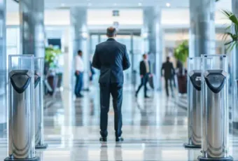 A man in a suit stands in a modern office lobby
