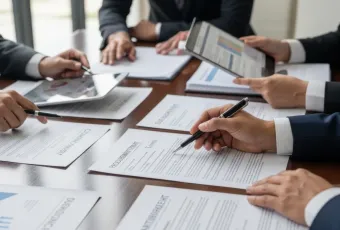 Business professionals reviewing procurement contracts and performance charts during a federal IT services meeting.