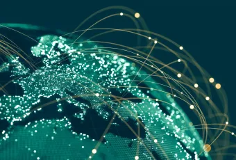 Glowing digital globe showing Europe and Africa with golden arc connections representing global enterprise IT network infr...