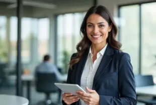 Confident businesswoman holding a tablet representing flexible and scalable IT platform solutions