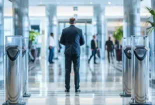 A man in a suit stands in a modern office lobby