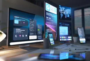 Enterprise IT workstation with multiple monitors displaying dashboards, alongside smartphones and tablets in an office.