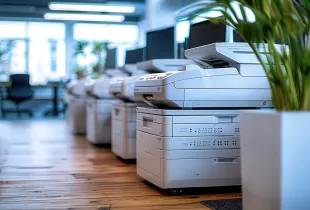 Row of white multifunction office printers on hardwood floor in a modern open office with plants and workstations.