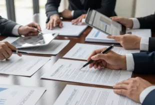 Business professionals reviewing procurement contracts and performance charts during a federal IT services meeting.