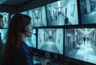 Two security personnel monitor multiple CCTV screens showing facility hallways in a dimly lit operations control room.