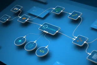 AI agent workflow diagram showing connected nodes for automation; data; and code tools on a blue digital interface.