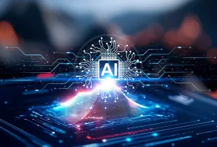 Glowing AI microchip with circuit board pathways and digital wave; representing artificial intelligence processing power.
