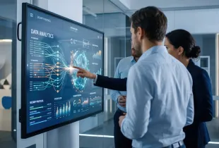 Colleagues review a data analytics and security protocol dashboard on a large interactive touchscreen in a modern office.
