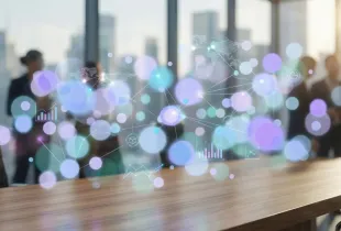 Business professionals in a modern conference room with holographic global network and data analytics overlays
