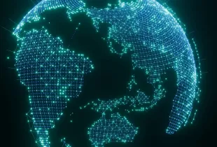 Glowing digital globe with interconnected network nodes representing global IT infrastructure and data connectivity.