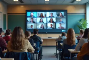 Students in a classroom attend a hybrid video conference session displayed on a large screen showing remote participants.