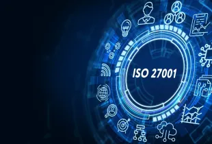 Glowing digital ring displaying ISO 27001 surrounded by cybersecurity and IT management icons on a dark blue background.