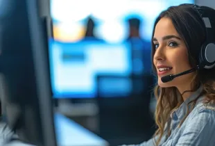 IT support specialist wearing a headset smiles while working at a multi-monitor workstation in a modern operations center.