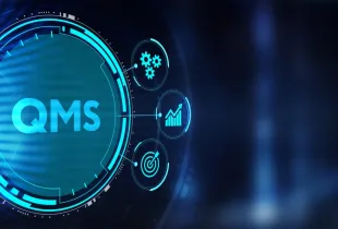 Glowing digital QMS interface ringed by icons for search, analytics, goals, gears and personnel on a dark blue background.