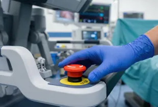 Gloved hand pressing red emergency stop button on robotic surgical system in an operating room.